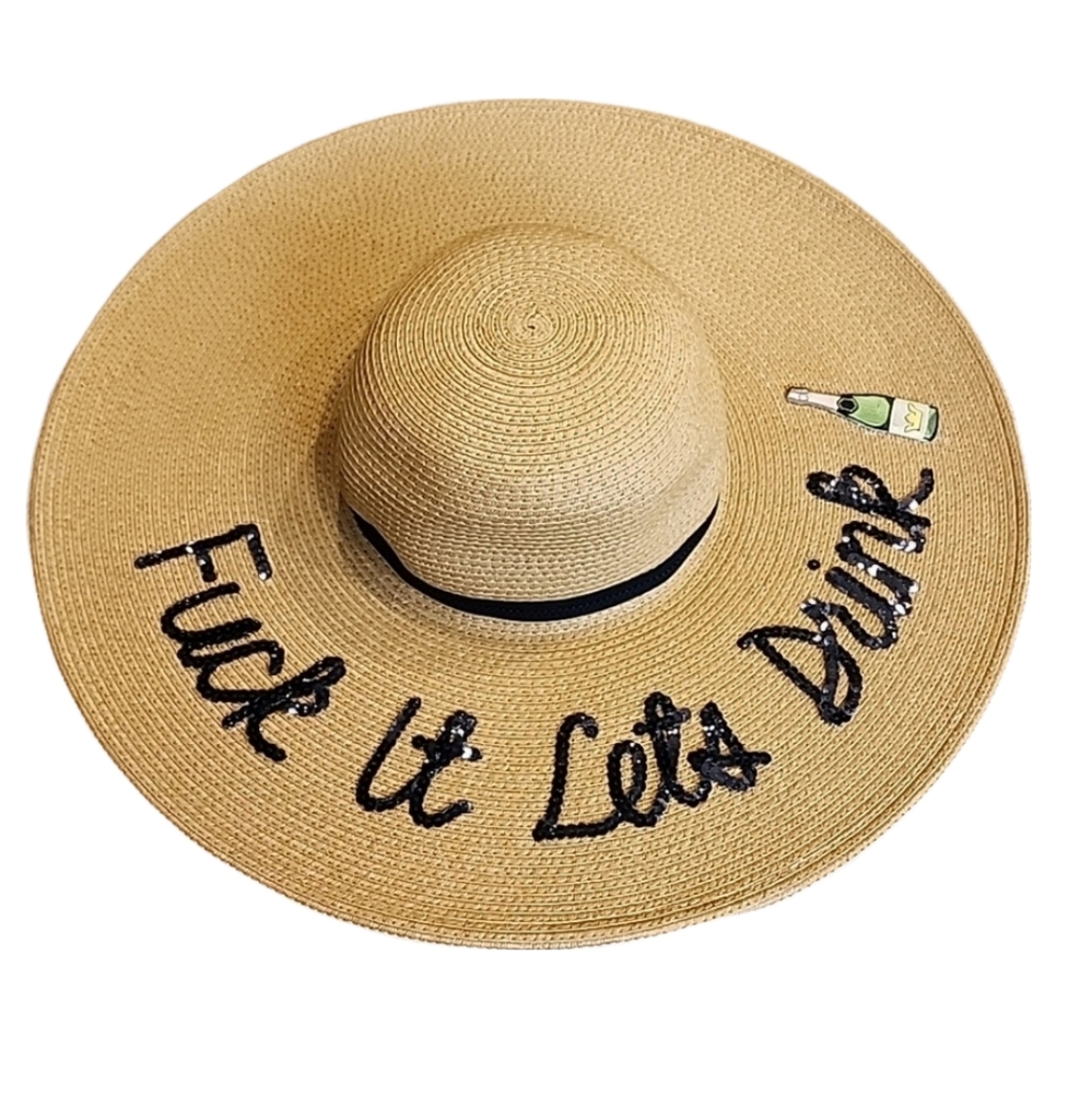 Born + Made Custom Straw Floppy Hat Fu*k It Let's Drink Party Hat Champagne New